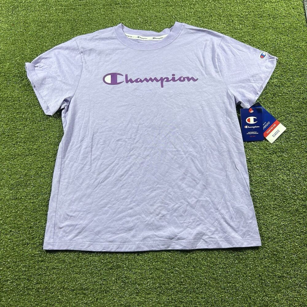 Champion Womens Purple Logo Graphic Short Sleeve Crew Neck T-Shirt L